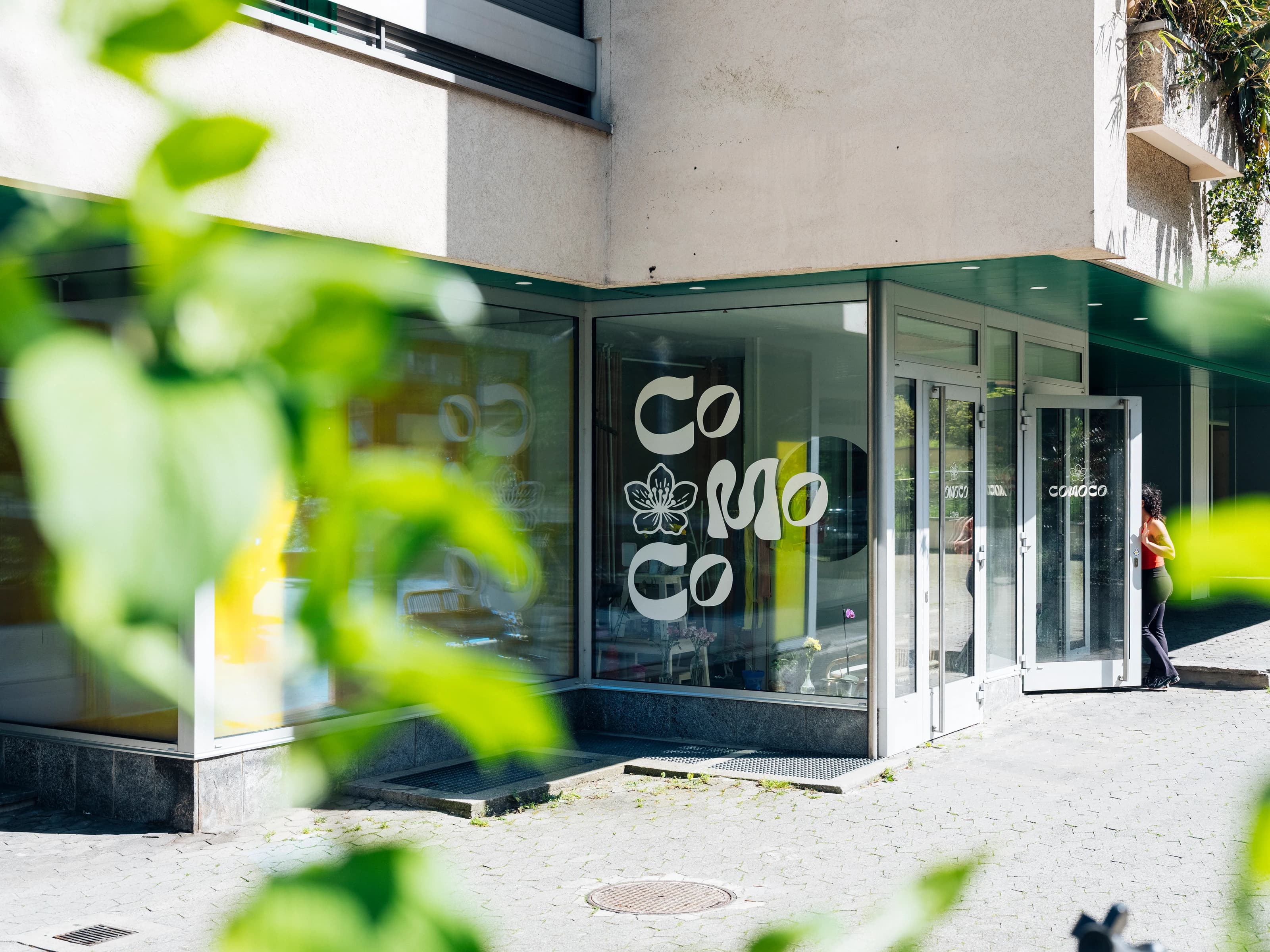 Entrée du studio COMOCO à Genève — vitrine peinte du logo fleur, premier plan végétal flou, lumière naturelle ensoleillée. Quartier Servette, 34 rue Daubin